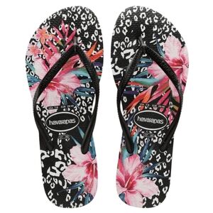 Havaianas Black Hibiscus Animal Print Floral Slim Flip Flops Size US 9/10